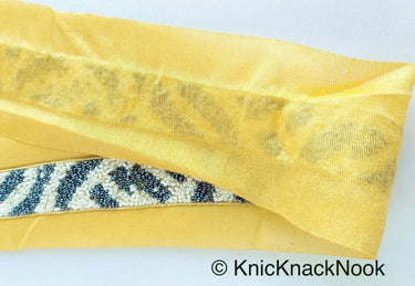 Beige Fabric Trim With Black And Grey Seed Beads Embellishments, Zebra Trim, Beaded Trim